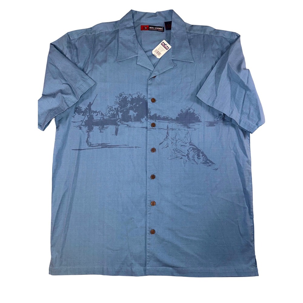 Reel Legends Mens Blue Fishing Graphic Short Sleeve Button Down Shirt Large NEW